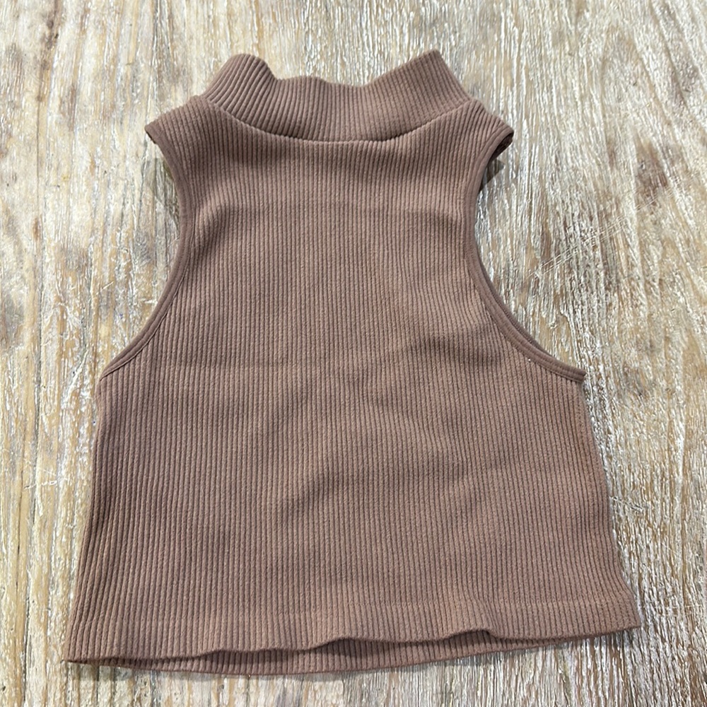 Chocolate Brown Ribbed High Neck Crop Top